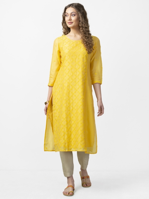 

Fabindia Women Yellow Chikankari Embroidered Straight Kurta