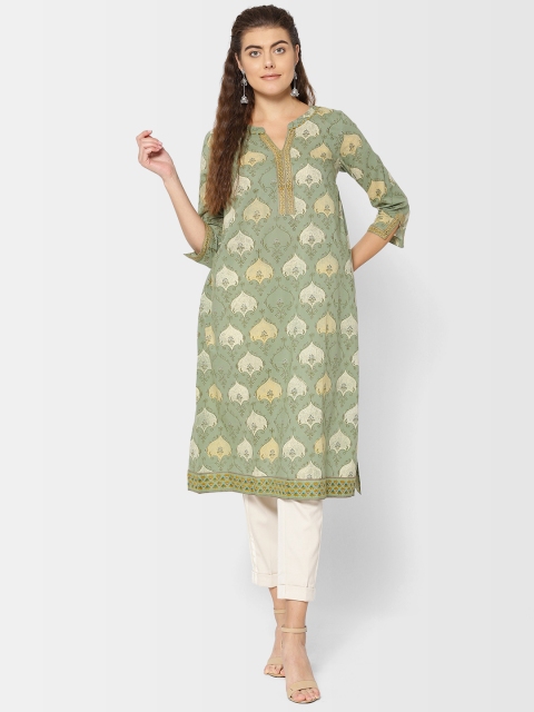 

Fabindia Women Green & Beige Printed A-Line Kurta