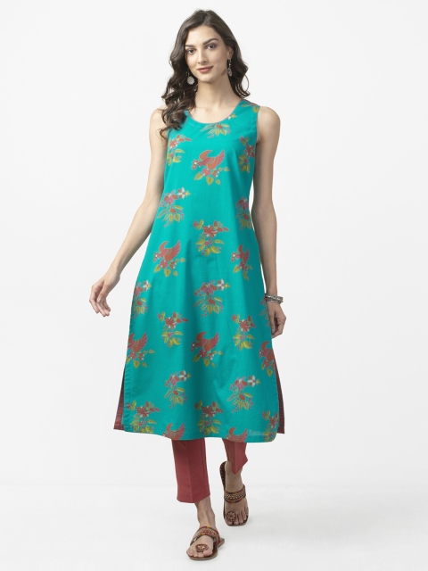 

Fabindia Women Turquoise Blue & Rust Red Printed Slim Fit A-Line Kurta