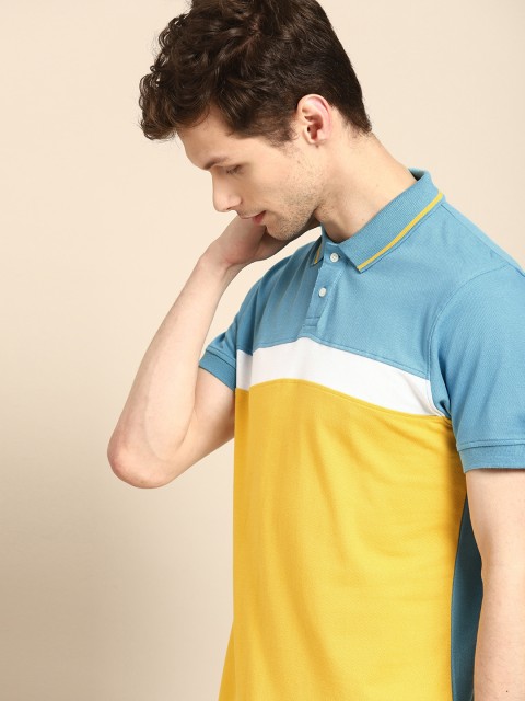 

ether Men Yellow & Blue Colourblocked Polo Collar T-shirt