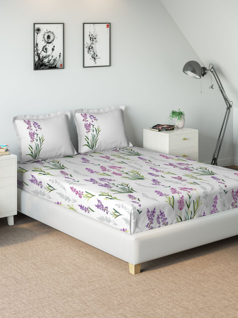 

DDecor White & Purple Floral 210 TC Cotton 1 King Bedsheet with 2 Pillow Covers