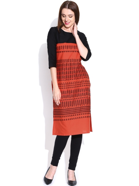 

W Coral Orange & Black Kurta with Woven Design