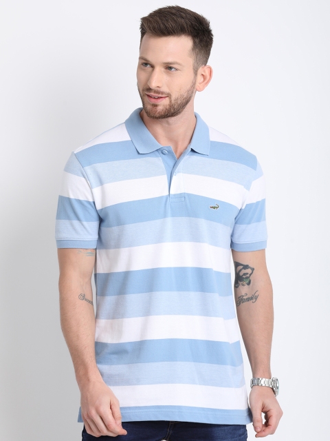 

Crocodile Men White & Blue Striped Polo Collar T-shirt