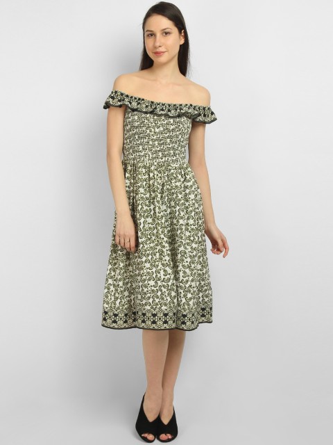 

LA LOFT Women Off-White & Black Printed Fit and Flare Dress