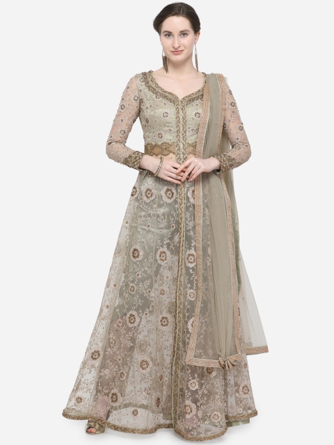 

Stylee LIFESTYLE Beige & Green Net Semi-Stitched Dress Material