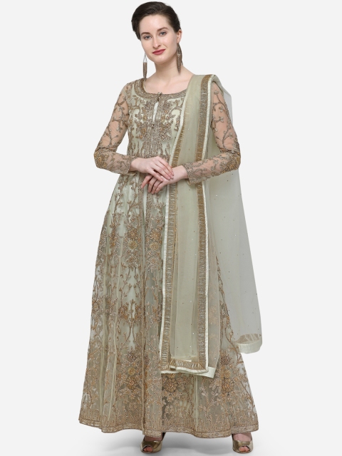 

Stylee LIFESTYLE Green & Gold-Coloured Net Semi-Stitched Dress Material