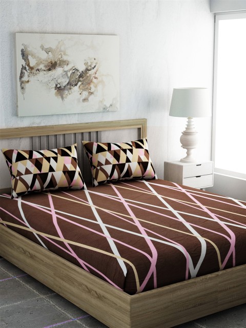 

EverHOME Brown Geometric 144 TC Cotton 1 Queen Bedsheet with 2 Pillow Covers