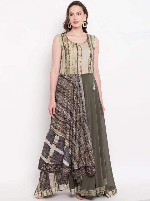 

Kvsfab Women Olive Green & Beige Printed A-Line Kurta