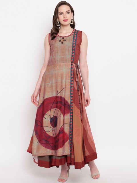

Kvsfab Women Beige & Red Printed Anarkali Kurta