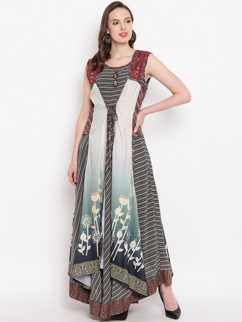 

Kvsfab Women Off-White & Black Printed A-Line Kurta
