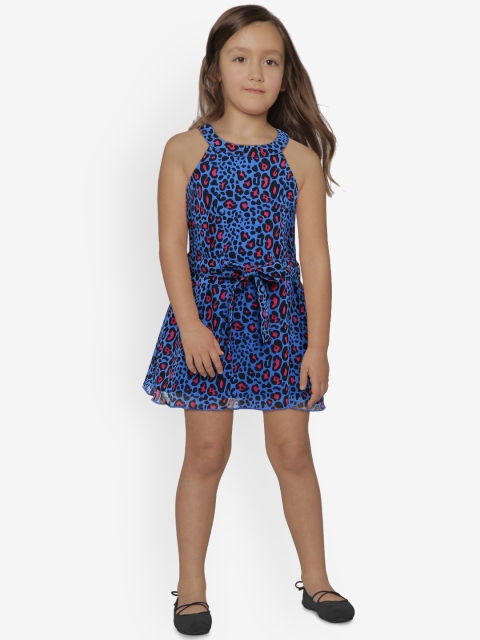 

United Colors of Benetton Girls Blue & Black Leopard Print A-Line Dress with Belt