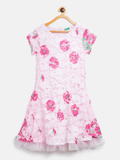 

United Colors of Benetton Girls Pink & Green Floral Print Lace Fit and Flare Dress