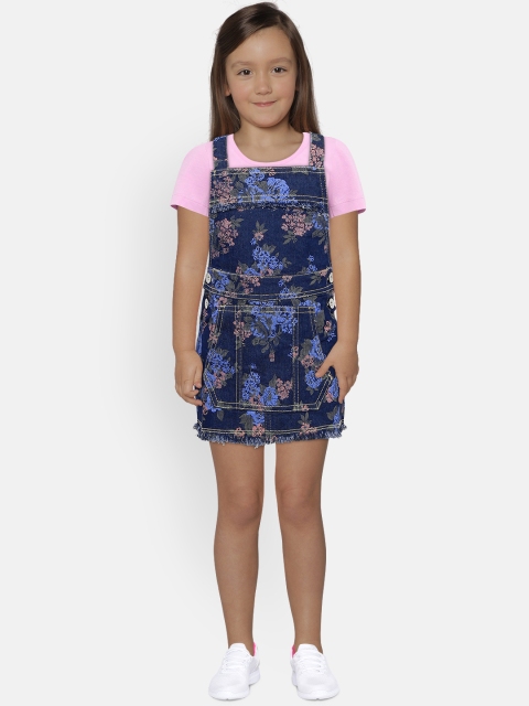 

United Colors of Benetton Girls Navy Blue Floral Print Denim Pinafore Dress