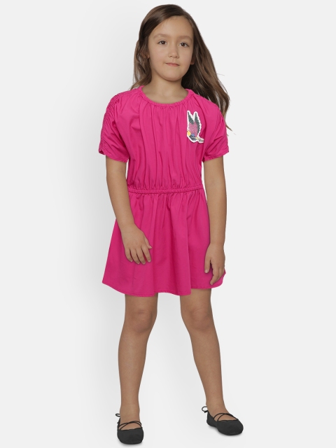 

United Colors of Benetton Girls Pink Solid Fit and Flare Dress with Applique Detail