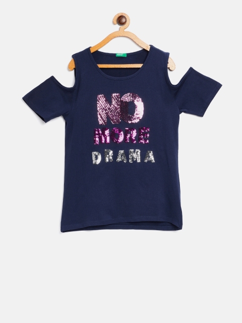 

United Colors of Benetton Girls Navy Blue Cold Shoulder Sequinned Top