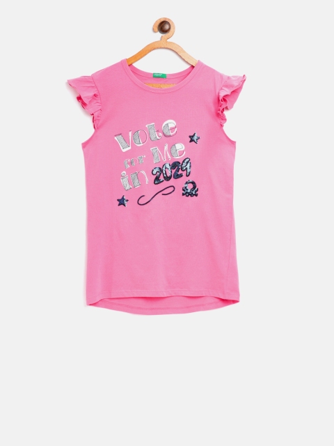 

United Colors of Benetton Girls Pink Sequinned Printed Pure Cotton Top