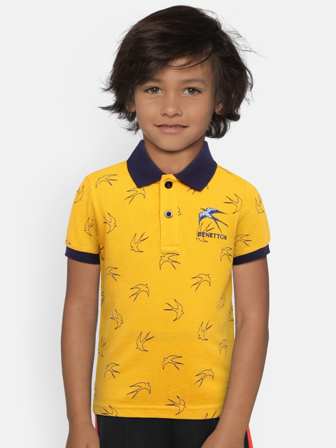 

United Colors of Benetton Boys Mustard Yellow & Navy Printed Polo Collar T-shirt