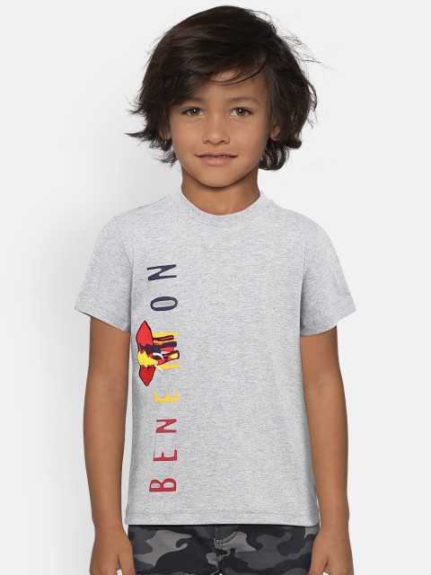

United Colors of Benetton Boys Grey Melange Printed Detail Round Neck T-shirt