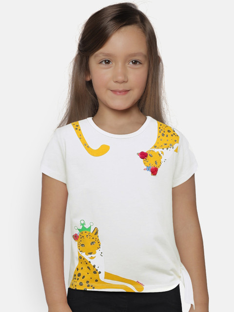 

United Colors of Benetton Girls White & Mustard Yellow Printed Detail Top