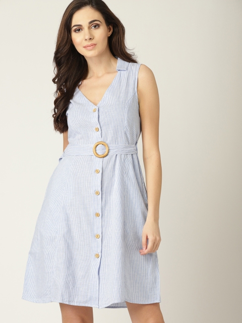 

MANGO Women White & Blue Striped Shirt Dress
