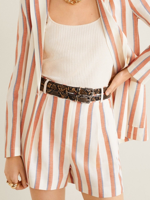 

MANGO Women Off-White & Rust Red Striped Regular Fit Shorts