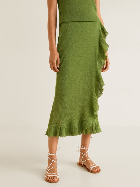 

MANGO Women Green Solid Midi Wrap Skirt