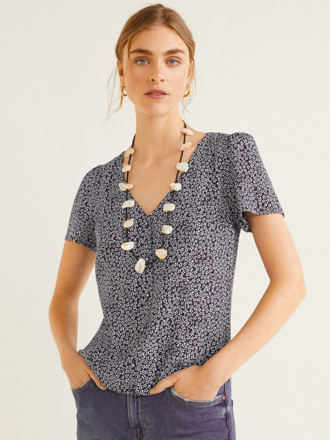 

MANGO Women Navy & White Printed Top, Navy blue