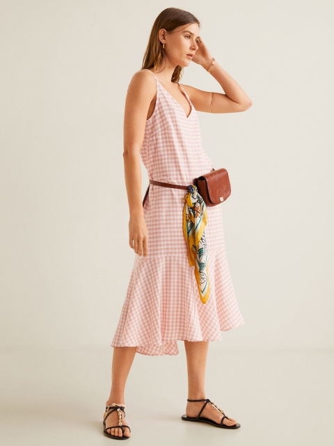 

MANGO Women Pink & Off-White Checked Drop Waist Dress
