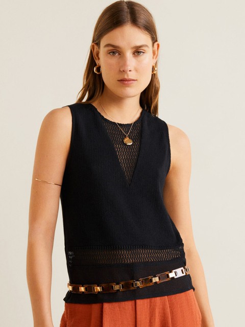 

MANGO Women Black Self Design Semi-Sheer Top