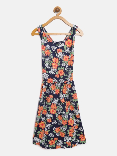 

Mango Kids Girls Navy Blue & Orange Floral Print Fit & Flare Dress