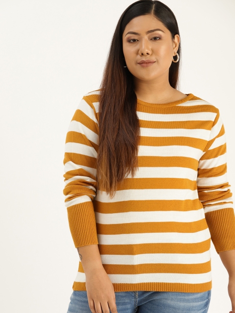 

Sztori Plus Size Women Mustard Yellow Off-White Striped Sweater