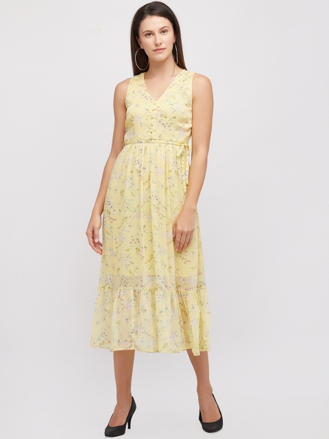 

109F Women Yellow Printed Fit and Flare Dress
