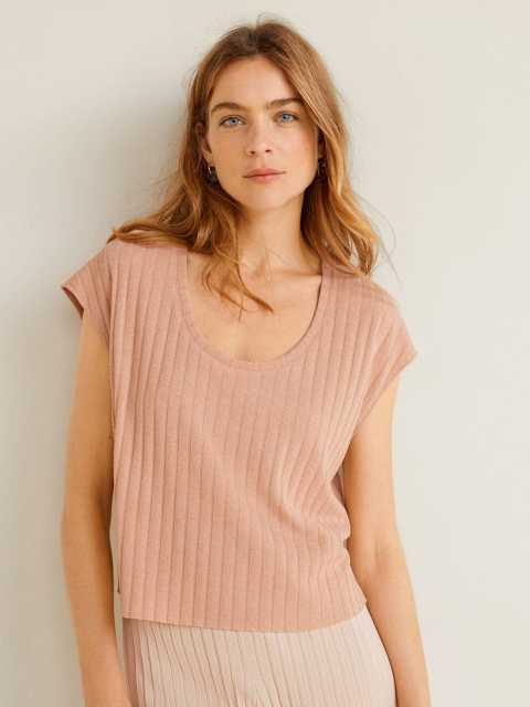 

MANGO Women Peach-Coloured Self Striped Top