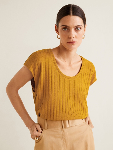 

MANGO Women Mustard Yellow Self-Striped Layered Top