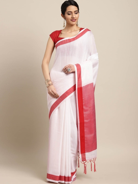 

Saree mall White & Red Linen Blend Solid Saree