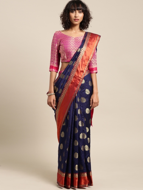 

Saree mall Navy Blue & Gold-Toned Silk Blend Woven Design Banarasi Saree & Matching Blouse