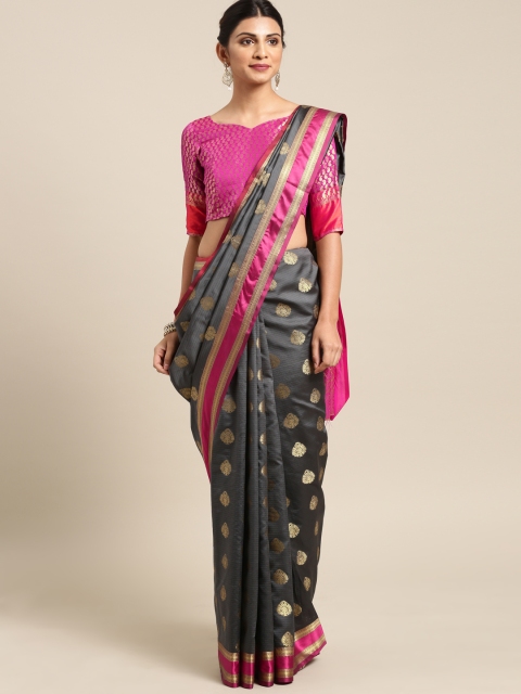 

Saree mall Charcoal Grey & Pink Silk Blend Woven Design Banarasi Saree & Matching Blouse