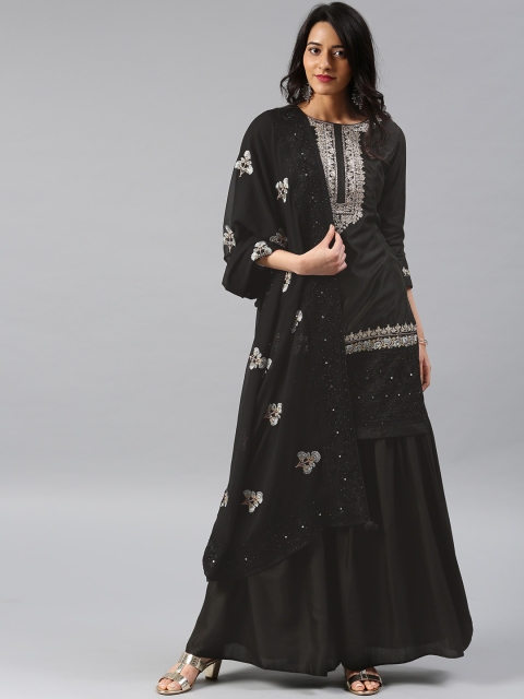 

Saree mall Women Black Embroidered Kurta with Sharara & Dupatta