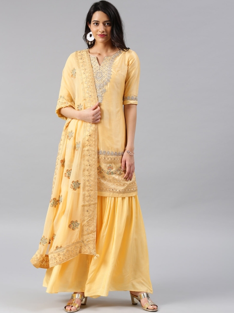 

Saree mall Yellow Pure Silk Embroidered Kurta with Sharara & Dupatta