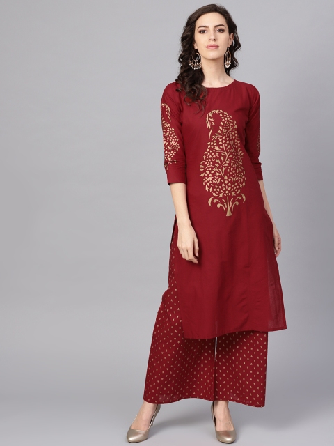 

Ahalyaa Women Maroon & Golden Printed Kurta with Palazzos