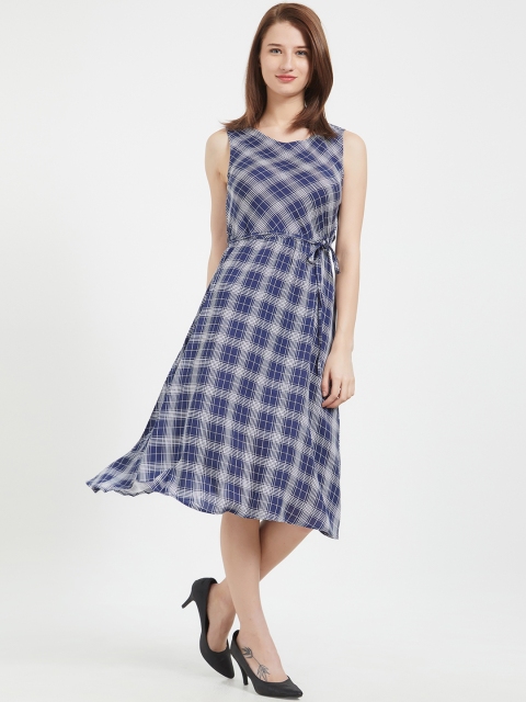 

109F Women Navy Blue & Off-White Checked Fit and Flare Dress