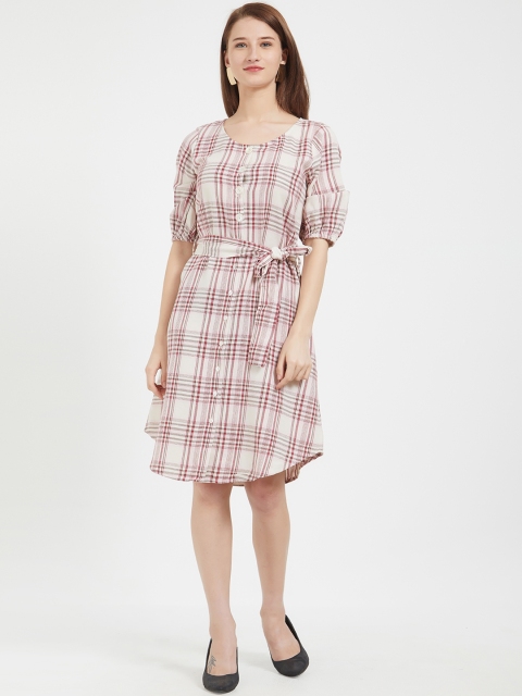 

109F Women Pink & Off-White Checked Shirt Dress