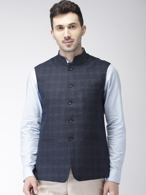 

Park Avenue Men Navy Slim Fit Self-Checked Single-Breasted Nehru Jacket, Navy blue