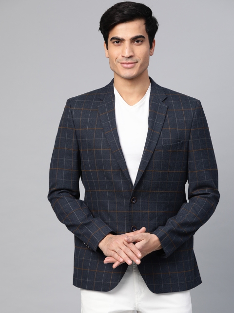 

Parx Men Navy Blue & Mustard Yellow Regular Fit Self-Checked Single Breasted Casual Blazer