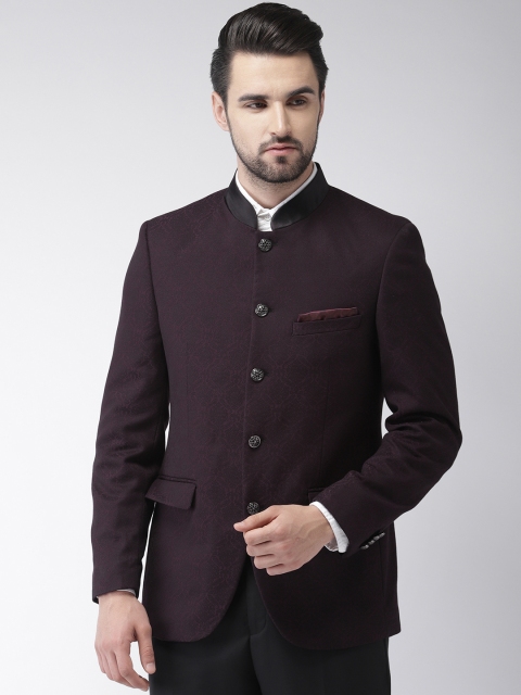 

Raymond Men Maroon Self Design Contemporary Fit Bandhgala Blazer