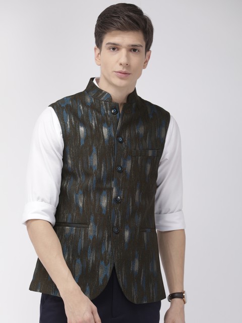 

Park Avenue Men Olive Green & Black Slim Fit Printed Nehru Jacket
