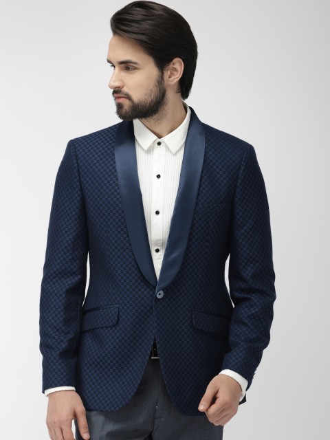 

Raymond Men Navy Blue Self-Design Slim Fit Single-Breasted Tuxedo Blazer