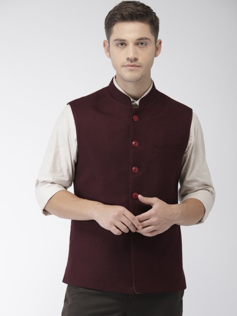 

Raymond Men Maroon Contemporary Fit Self-Design Nehru Jacket