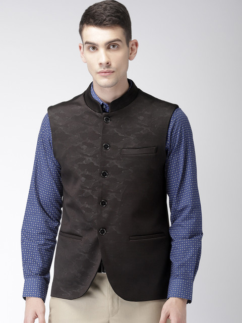 

Park Avenue Men Black Slim Fit Woven Design Single-Breasted Nehru Jacket