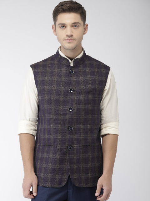 

Park Avenue Men Navy & Khaki Brown Slim Fit Checked Single-Breasted Nehru Jacket, Navy blue